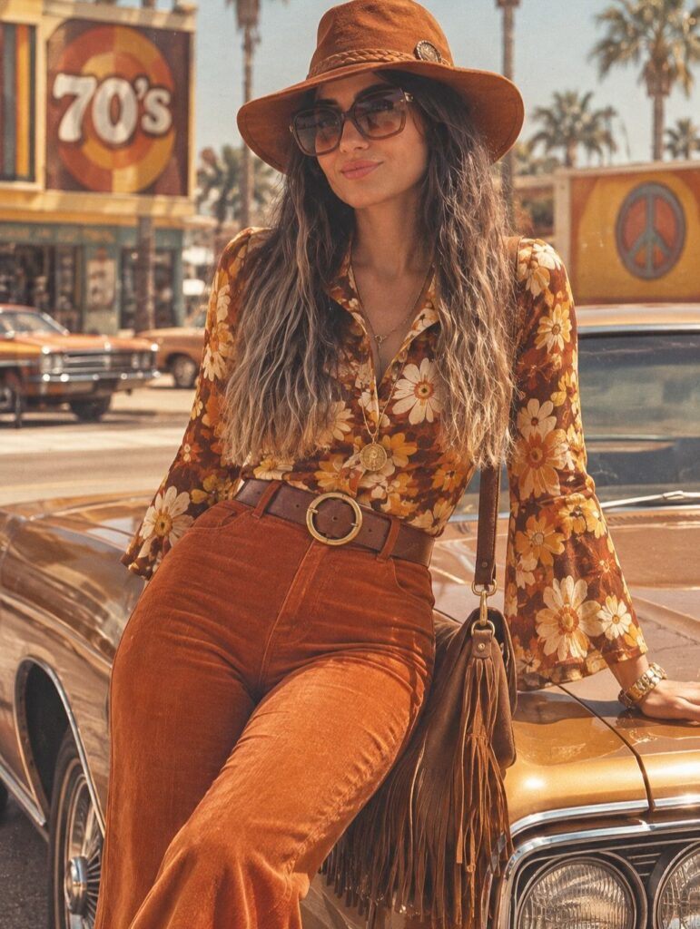 A woman in 70s style floral blouse and orange corduroy pants leaning on a vintage car.