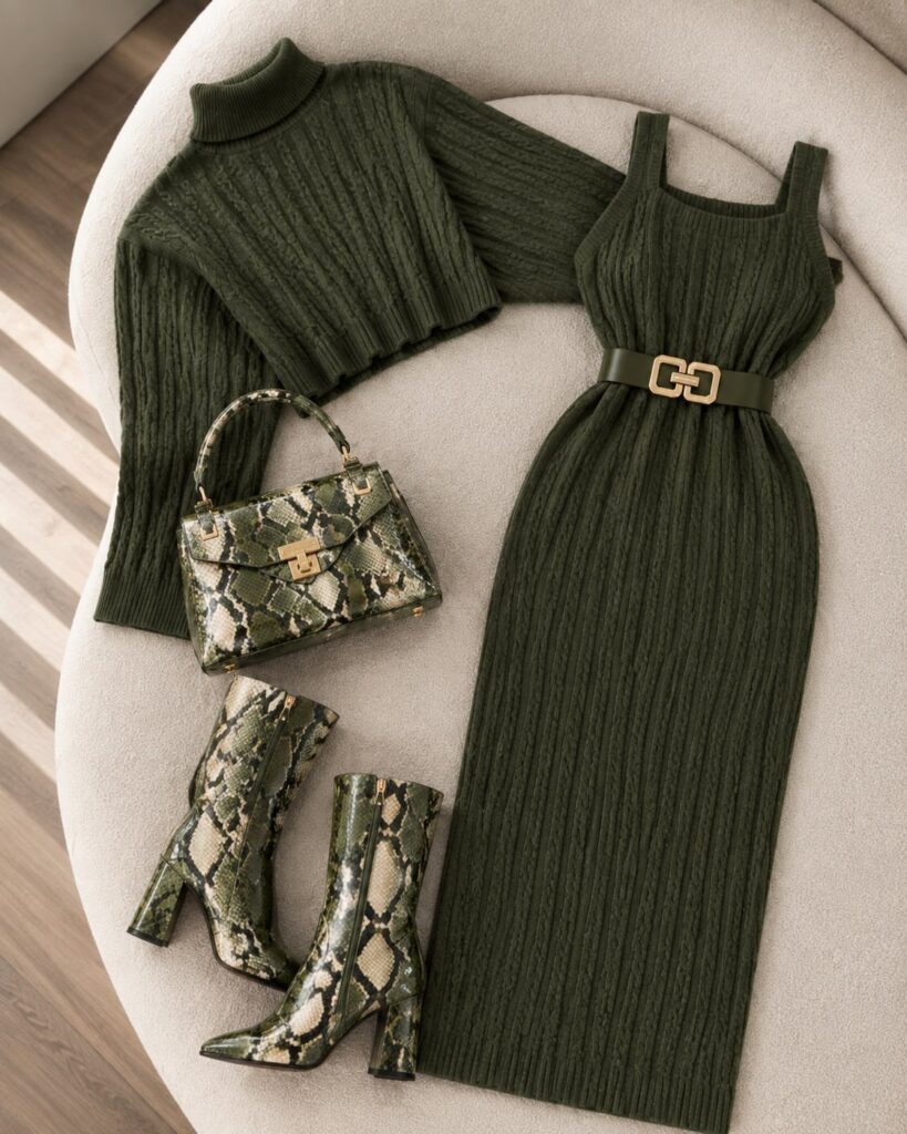 Olive green ribbed knit midi dress and sweater paired with snakeskin boots and handbag.
