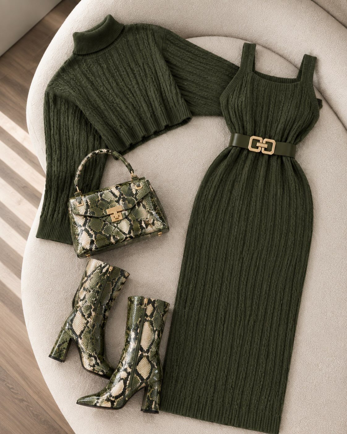 Olive green ribbed knit midi dress and sweater paired with snakeskin boots and handbag.