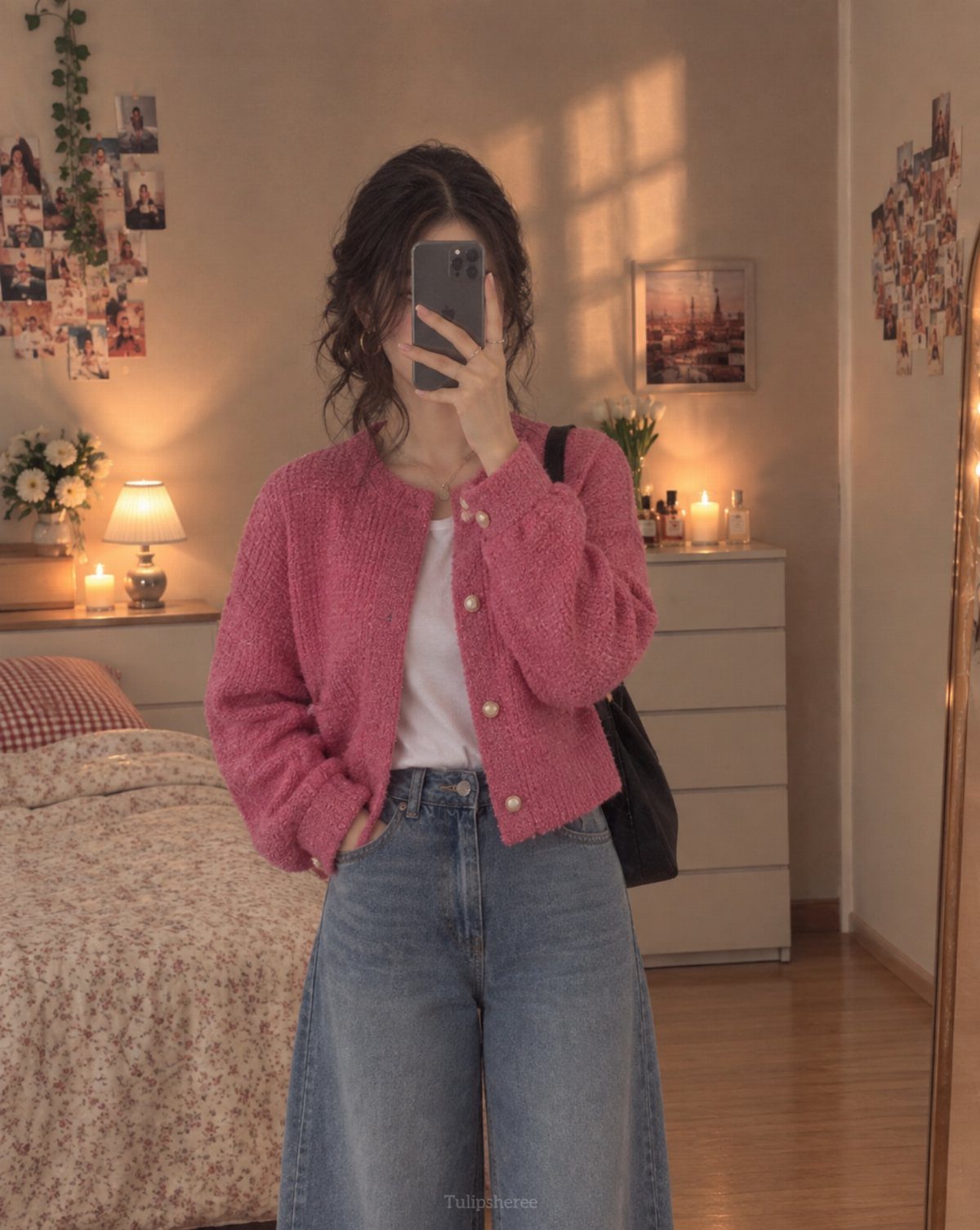 A person posing in a pink cardigan, white shirt, and wide-leg denim jeans.