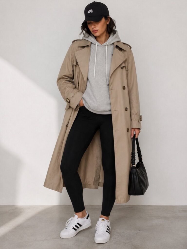 Woman wearing a long beige trench coat, grey hoodie, black leggings, and white sneakers.