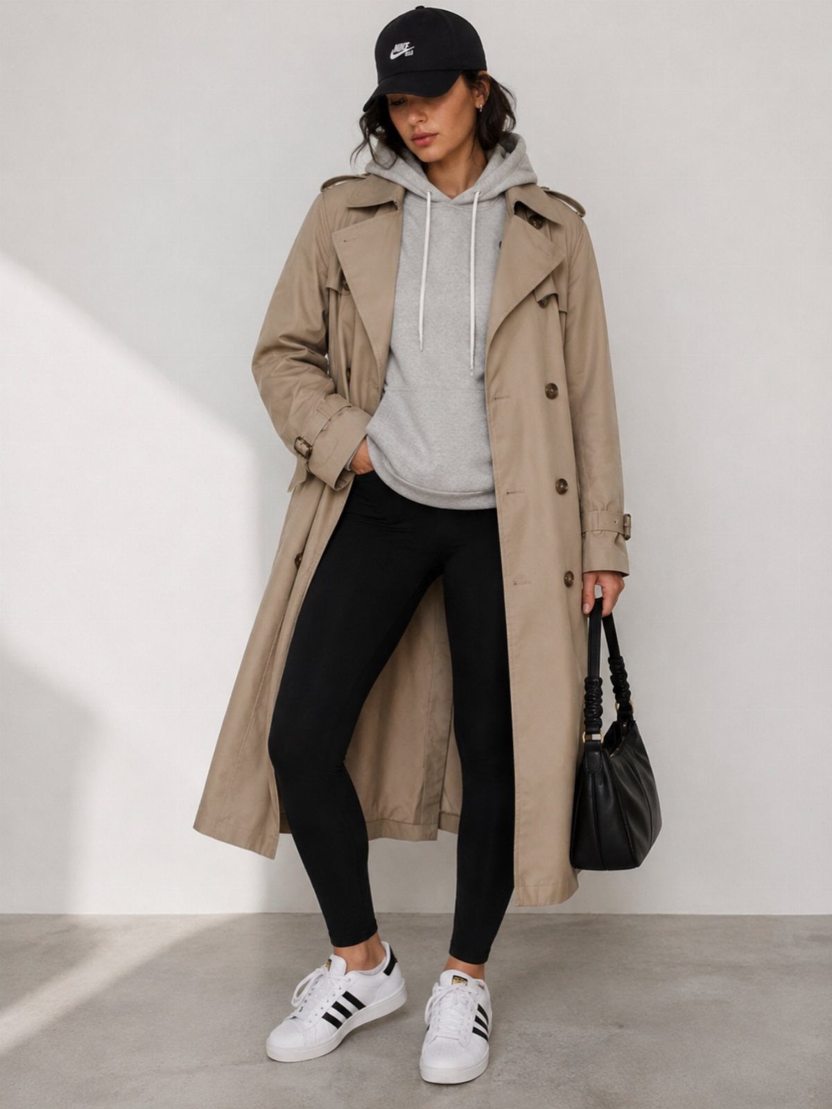 Woman wearing a long beige trench coat, grey hoodie, black leggings, and white sneakers.