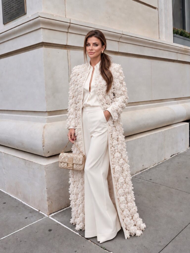 Woman wearing cream wide-leg trousers and a textured long coat standing by a stone building.