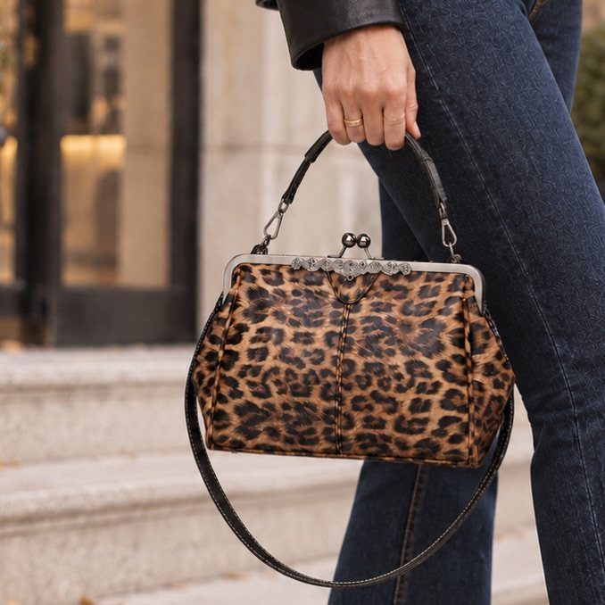 A person holding a leopard print handbag with a silver clasp against blue jeans.