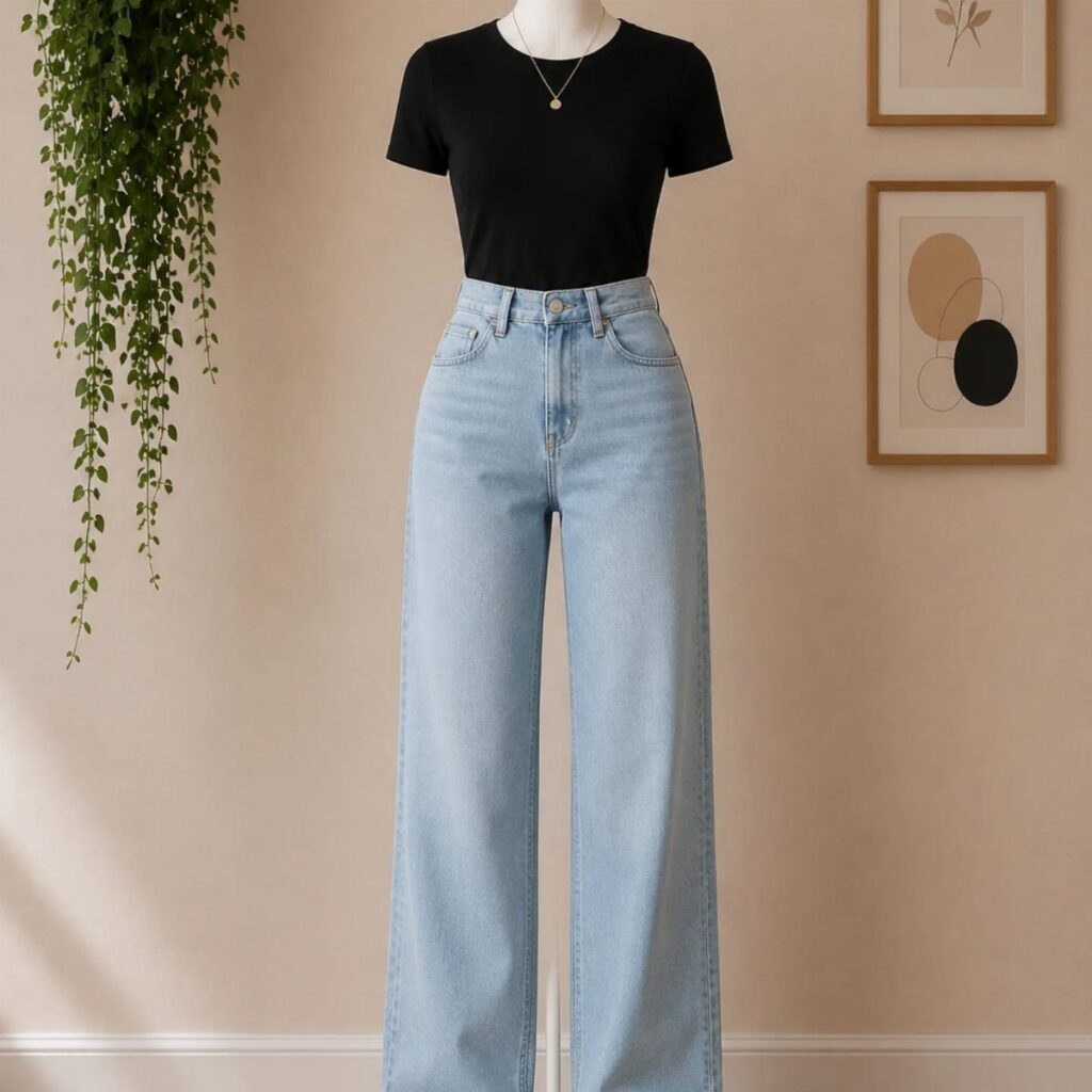 A mannequin wearing a black t-shirt and light blue wide-leg jeans against a beige wall.