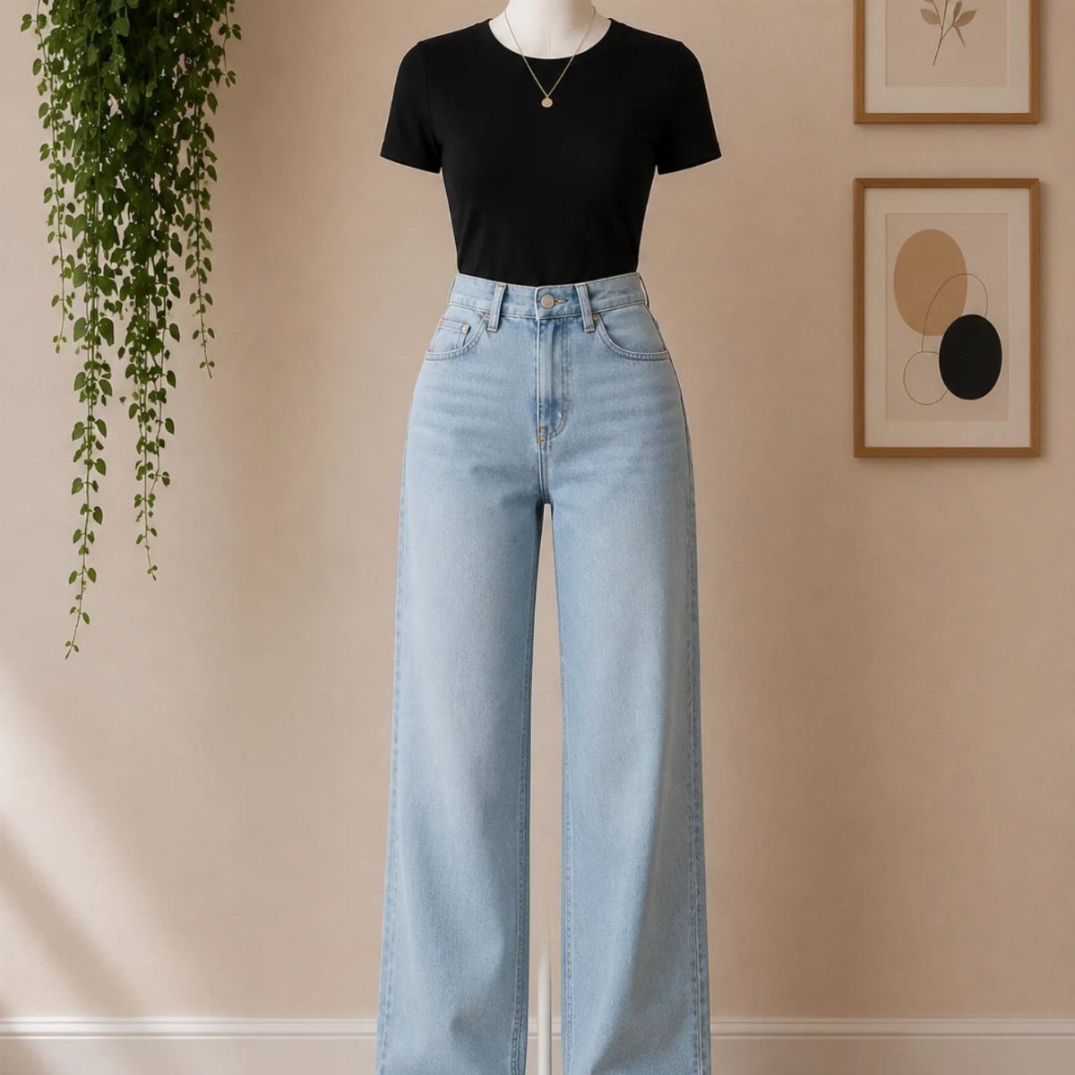 A mannequin wearing a black t-shirt and light blue wide-leg jeans against a beige wall.