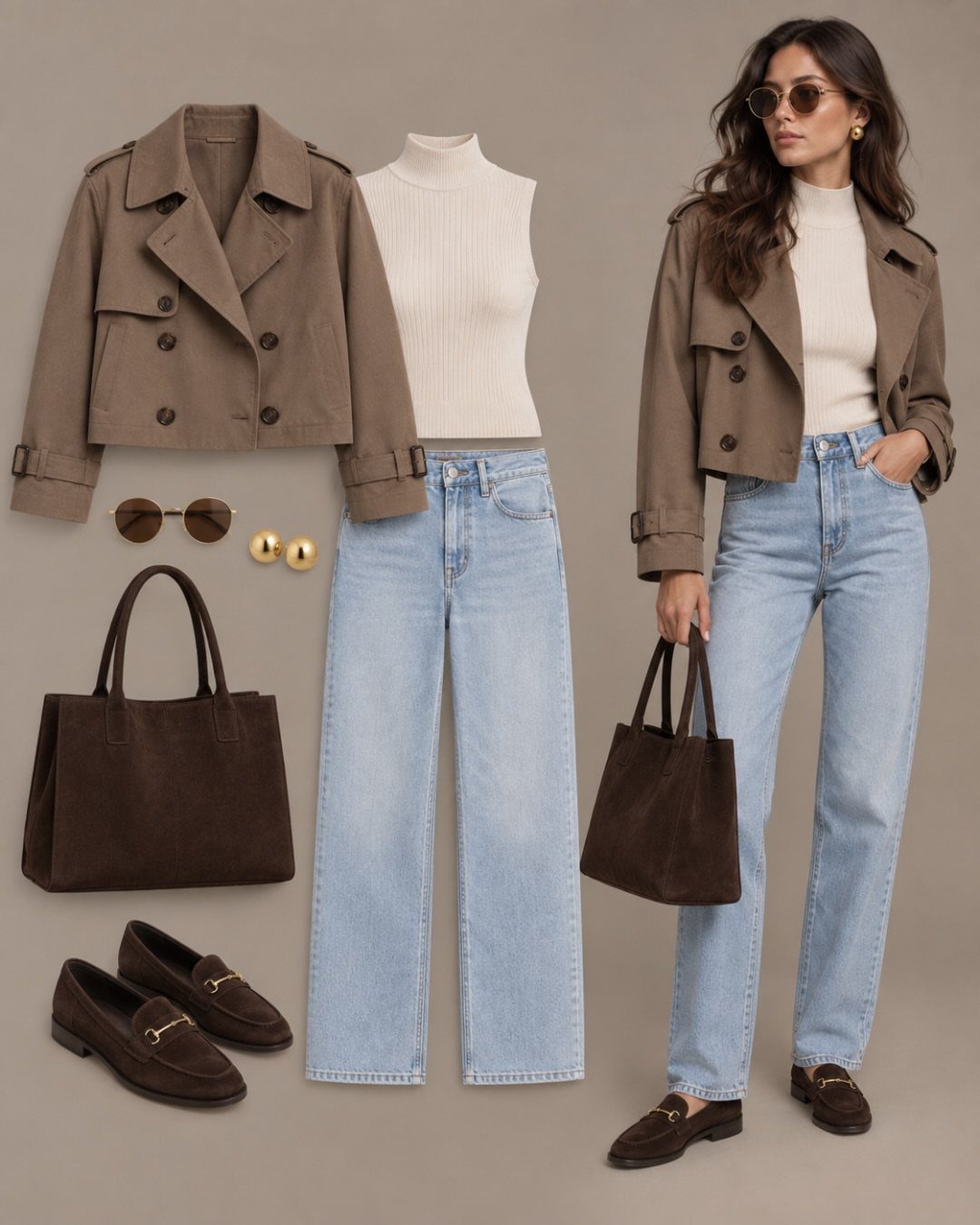 A woman wearing a tan cropped trench coat, white turtleneck, and light blue jeans next to a flat lay outfit.
