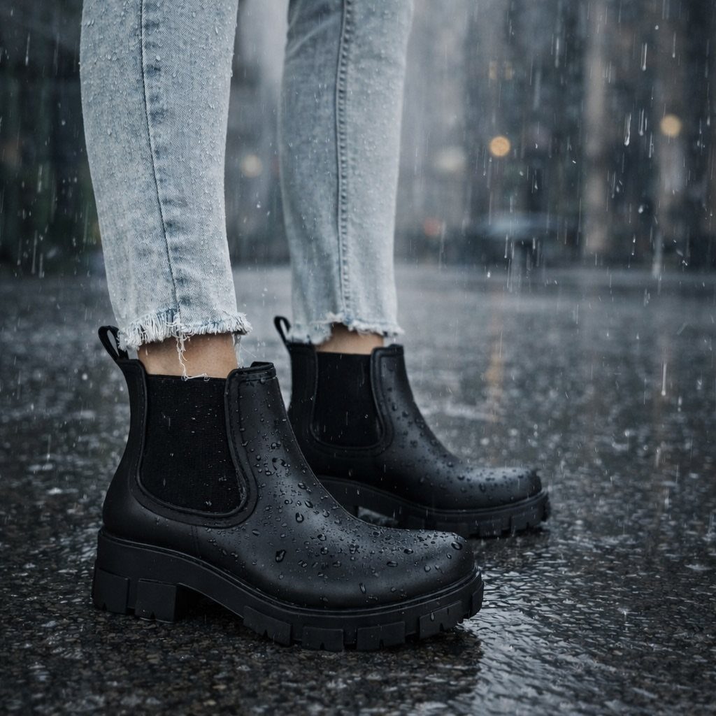 Black chunky Chelsea boots on a person wearing light blue jeans in the rain.