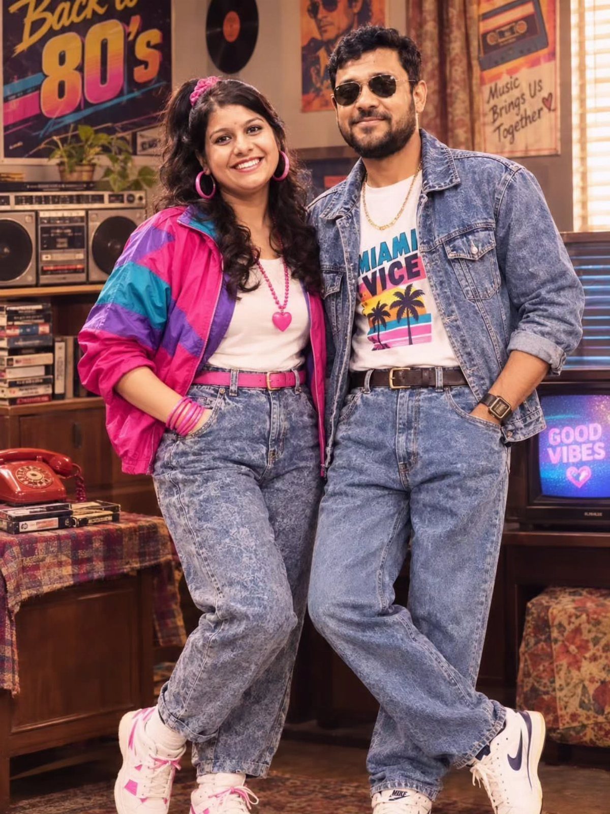 A man and woman posing in colorful 1980s throwback outfits including a neon windbreaker and acid-wash jeans.